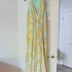 Pale Turquoise/Gold Floor Length V-neck Gown,dress,prom,wedding,formal,dress 16